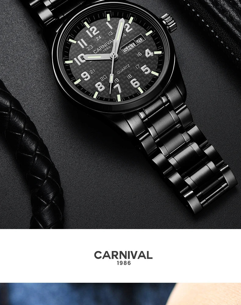 Orologio da uomo CARNIVAL Luxury Brand 8638 al quarzo, lancette luminose, impermeabile, in solido acciaio inossidabile