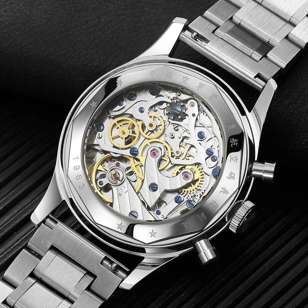 Red Star Panda Mens 1963 Chronograph Mechanical Wristwatch Seagull st1901 Movement Gooseneck 40mm Luminous Sapphire Pilot Watch