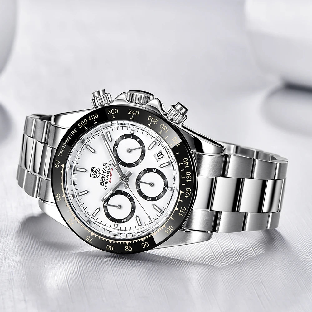 „BENYAR“ vyriški laikrodžiai – prabangus chronografas, sportinis modelis, atsparus vandeniui, pagamintas iš nerūdijančio plieno, su kvarciniu mechanizmu