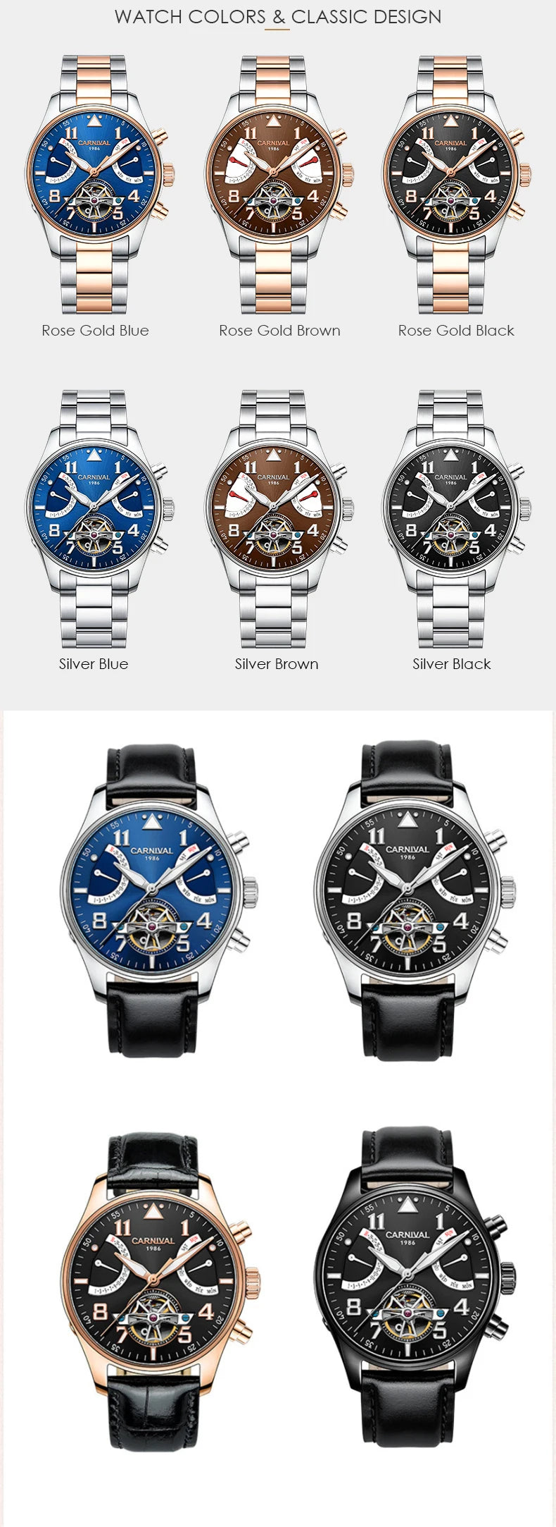 CARNIVAL Fashion Tourbillon Mechanical Watches for Man Automatic Watch Sapphire Waterproof Calendar Luminous Relogio Masculino