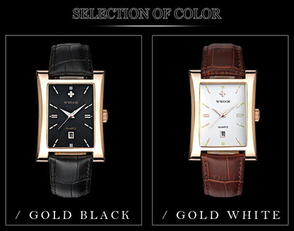 WWOOR Brand Classic Fashion Mens Rectangle Watches Male Gold Brown Leather Quartz Waterproof Wrist Watch For Men Calendar Clocks