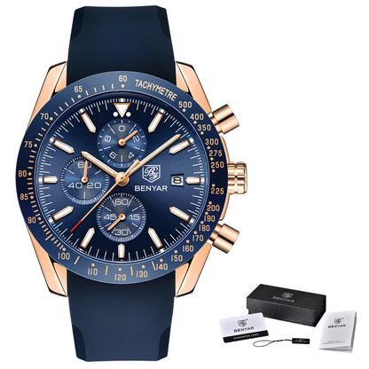 Montres de luxe pour hommes BENYAR – Montres-bracelets à quartz avec bracelet en cuir, étanches jusqu'à 30 m, style sportif.