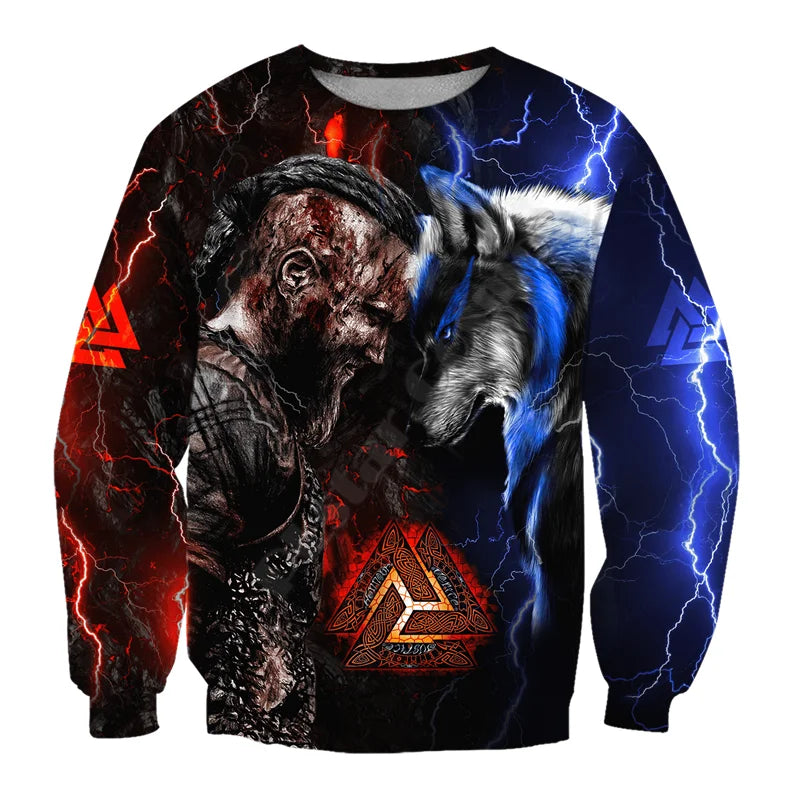 Felpa con cappuccio 3D all-over con stampa tatuaggio Ragnar e lupo Valknut, con zip, da donna e da uomo, pullover per costumi cosplay