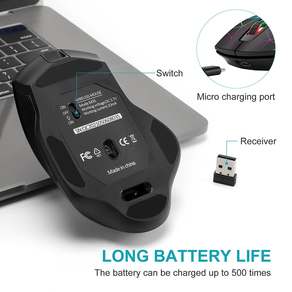 2.4G презареждаема безжична геймърска мишка, компютърна USB мишка, ергономична мишка с RGB подсветка за лаптоп и PC