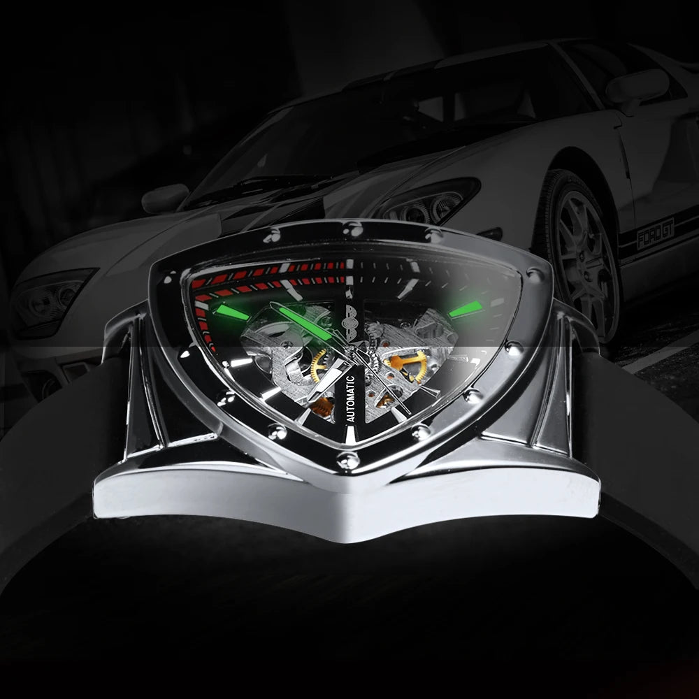 WINNER automatisch herenhorloge, driehoekig skeletontwerp, lichtgevende wijzers, rubberen band, militaire stijl, luxe mechanisch horloge