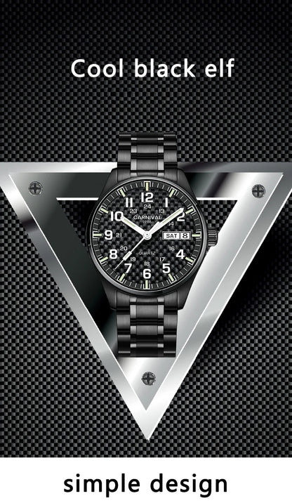 Orologio da uomo CARNIVAL Luxury Brand 8638 al quarzo, lancette luminose, impermeabile, in solido acciaio inossidabile