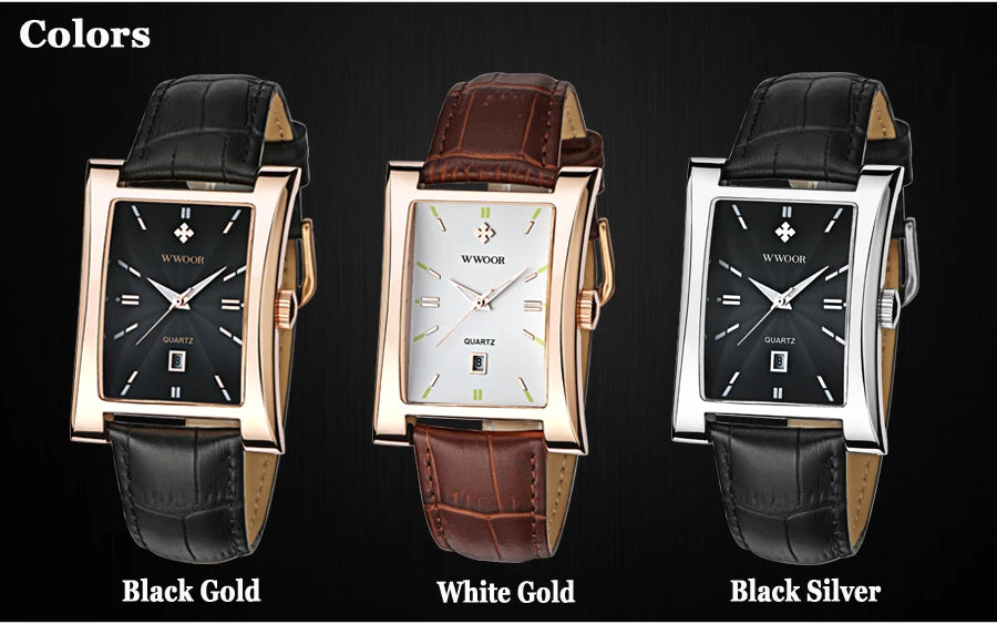 WWOOR Brand Classic Fashion Mens Rectangle Watches Male Gold Brown Leather Quartz Waterproof Wrist Watch For Men Calendar Clocks