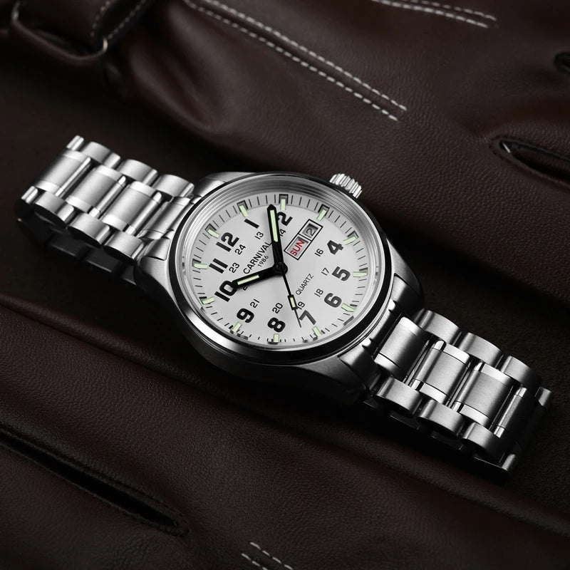 Orologio da uomo CARNIVAL Luxury Brand 8638 al quarzo, lancette luminose, impermeabile, in solido acciaio inossidabile