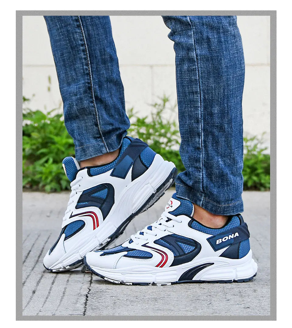 BONA New Designers Action leren mesh heren hardloopschoenen sneakers sportschoenen lichtgewicht antislip wandelschoenen voor buiten