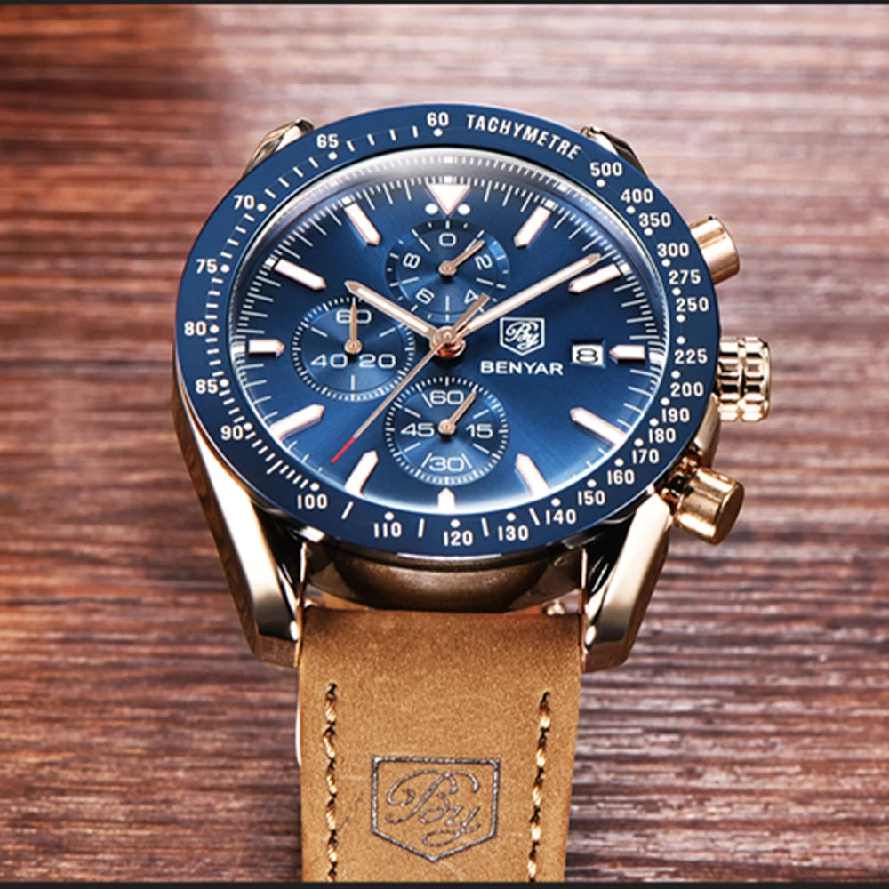 Montres de luxe pour hommes BENYAR – Montres-bracelets à quartz avec bracelet en cuir, étanches jusqu'à 30 m, style sportif.