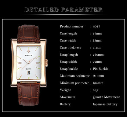 WWOOR Brand Classic Fashion Mens Rectangle Watches Male Gold Brown Leather Quartz Waterproof Wrist Watch For Men Calendar Clocks
