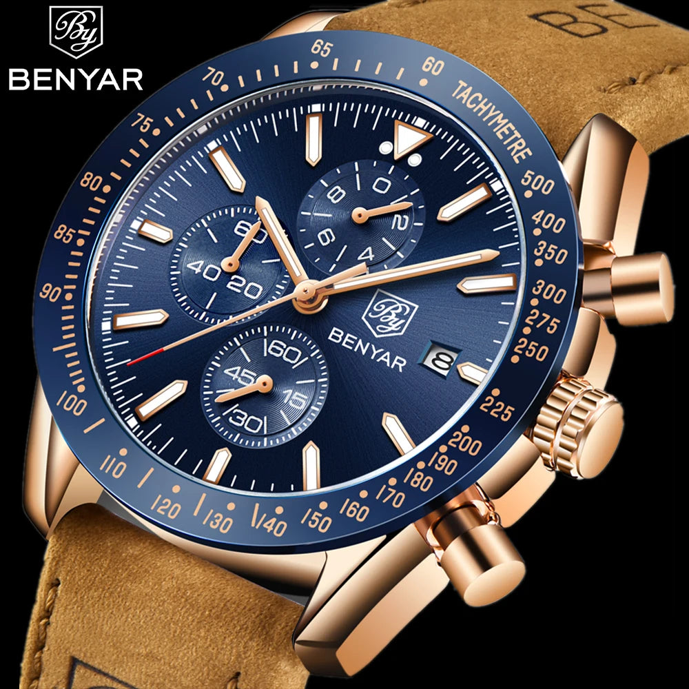 Montres de luxe pour hommes BENYAR – Montres-bracelets à quartz avec bracelet en cuir, étanches jusqu'à 30 m, style sportif.