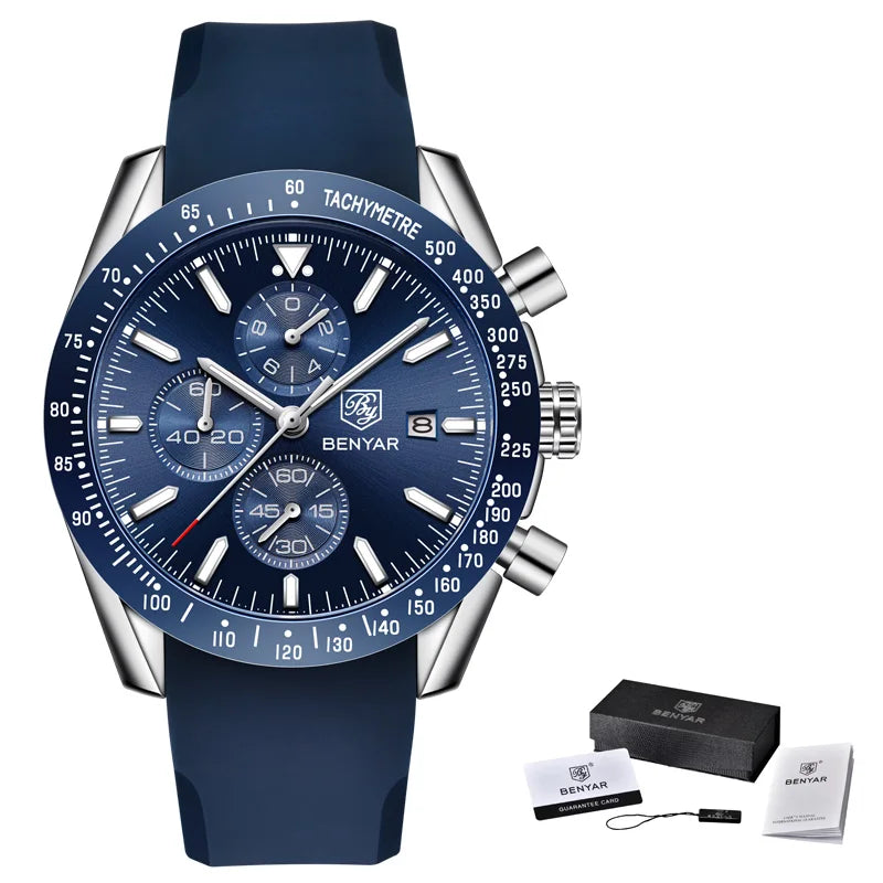 Montres de luxe pour hommes BENYAR – Montres-bracelets à quartz avec bracelet en cuir, étanches jusqu'à 30 m, style sportif.