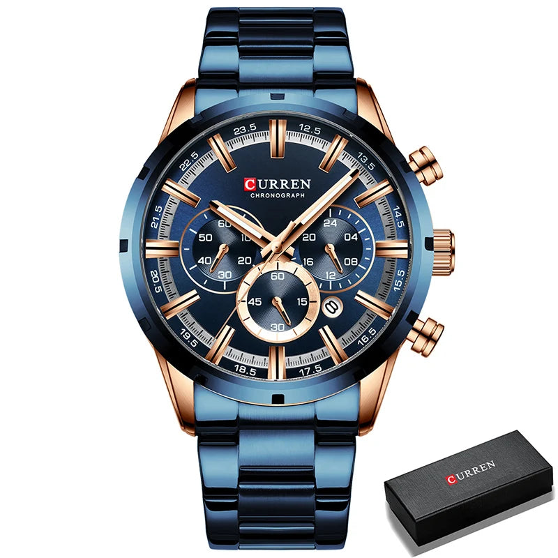 Herrenuhr CURREN – Sportlicher Luxus-Chronograph, Quarzwerk, komplett aus Edelstahl, wasserdicht