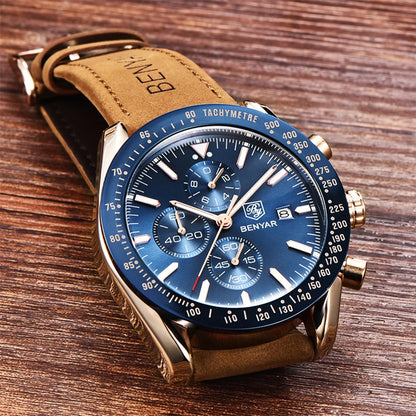 Montres de luxe pour hommes BENYAR – Montres-bracelets à quartz avec bracelet en cuir, étanches jusqu'à 30 m, style sportif.