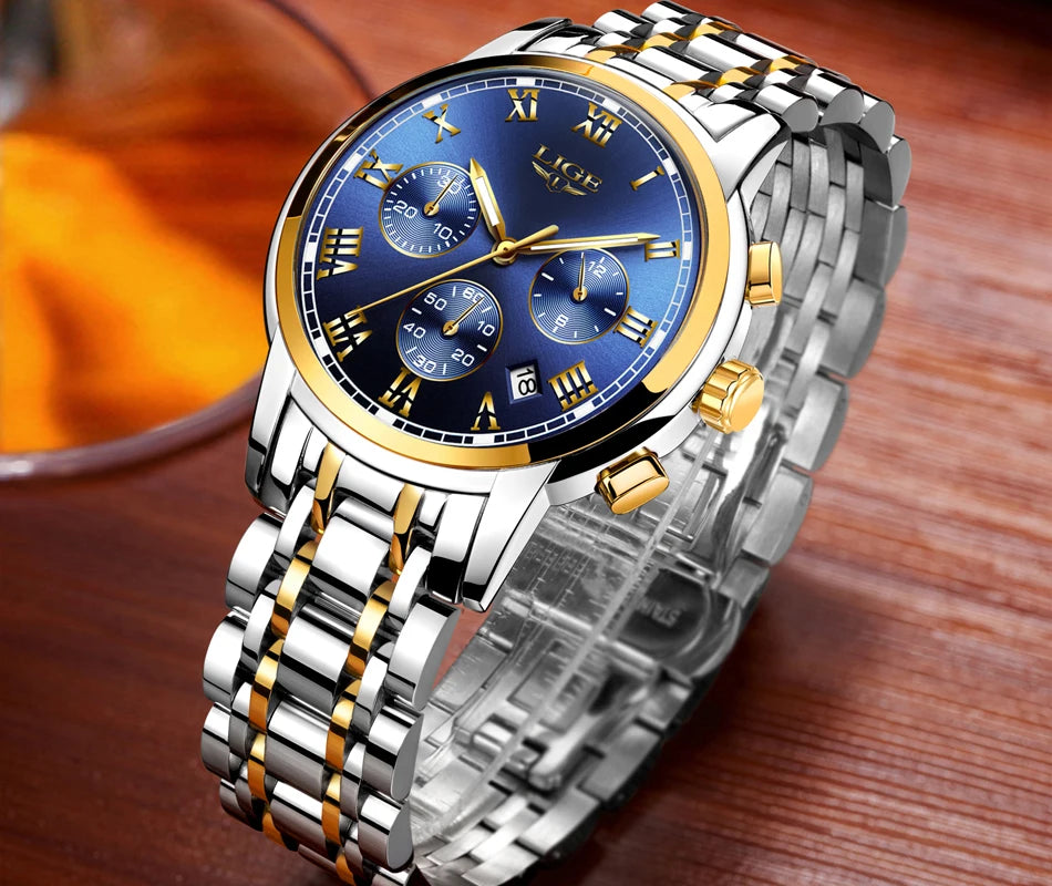 Pánske hodinky LIGE – luxusný chronograf, ležérny športový štýl, vodotesné, celokovové, quartzový strojček