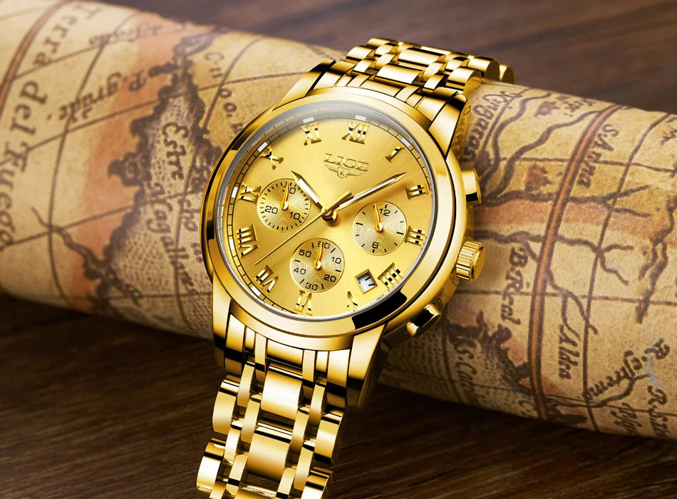 Pánske hodinky LIGE – luxusný chronograf, ležérny športový štýl, vodotesné, celokovové, quartzový strojček