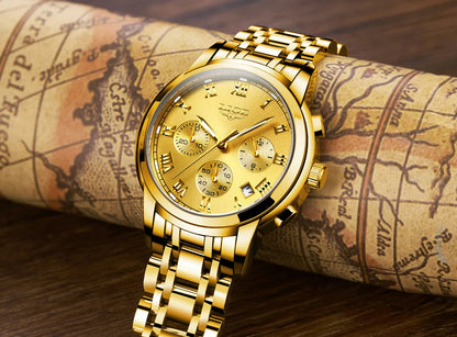 Pánske hodinky LIGE – luxusný chronograf, ležérny športový štýl, vodotesné, celokovové, quartzový strojček