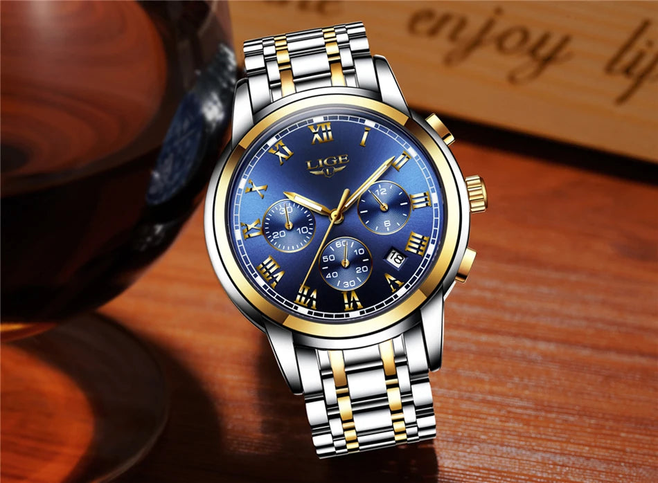 Pánske hodinky LIGE – luxusný chronograf, ležérny športový štýl, vodotesné, celokovové, quartzový strojček