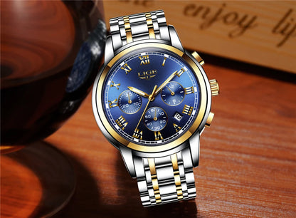 Pánske hodinky LIGE – luxusný chronograf, ležérny športový štýl, vodotesné, celokovové, quartzový strojček