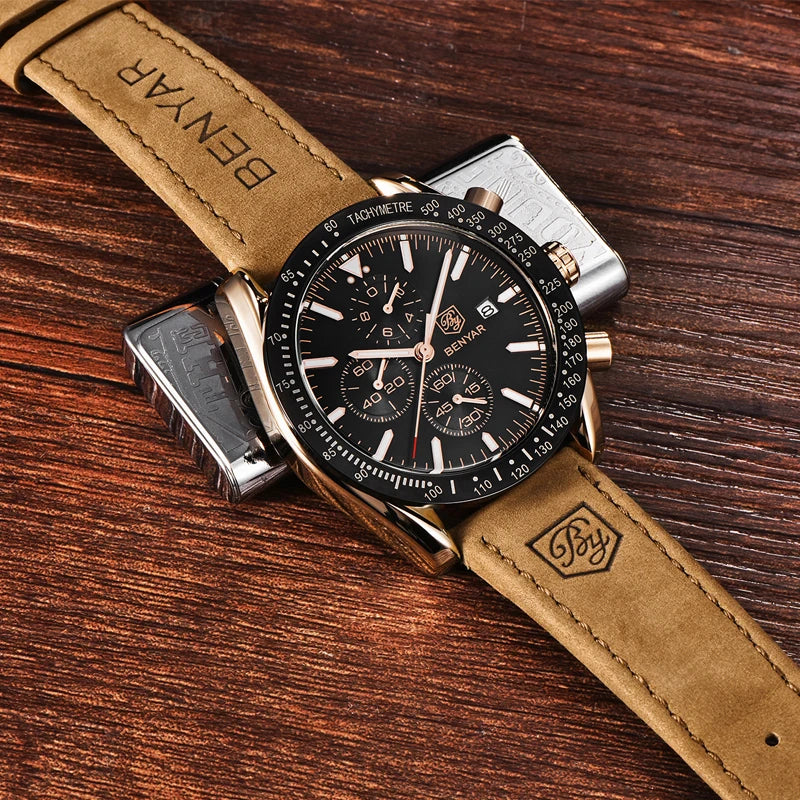 Montres de luxe pour hommes BENYAR – Montres-bracelets à quartz avec bracelet en cuir, étanches jusqu'à 30 m, style sportif.