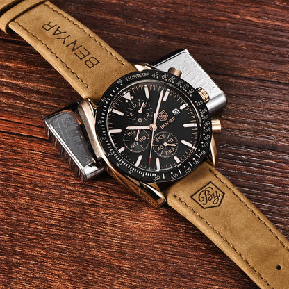 Montres de luxe pour hommes BENYAR – Montres-bracelets à quartz avec bracelet en cuir, étanches jusqu'à 30 m, style sportif.