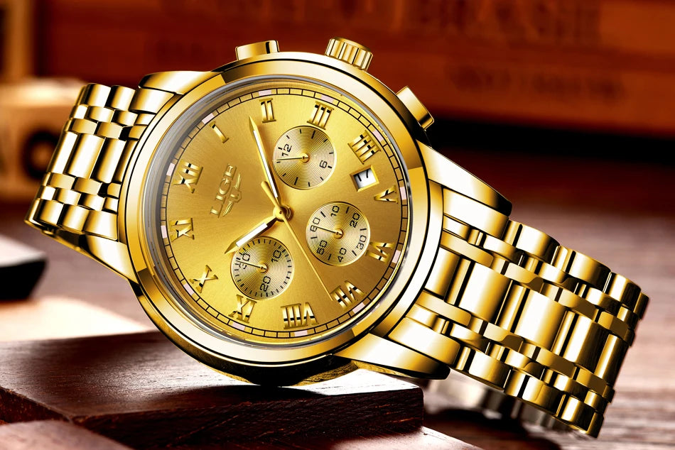 Pánske hodinky LIGE – luxusný chronograf, ležérny športový štýl, vodotesné, celokovové, quartzový strojček