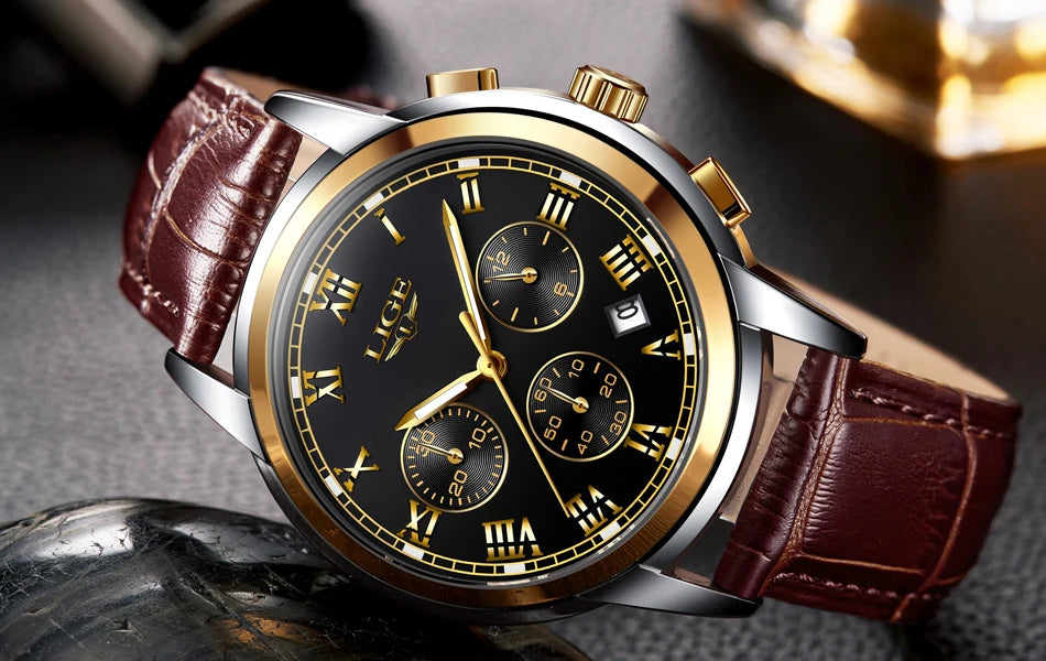Pánske hodinky LIGE – luxusný chronograf, ležérny športový štýl, vodotesné, celokovové, quartzový strojček