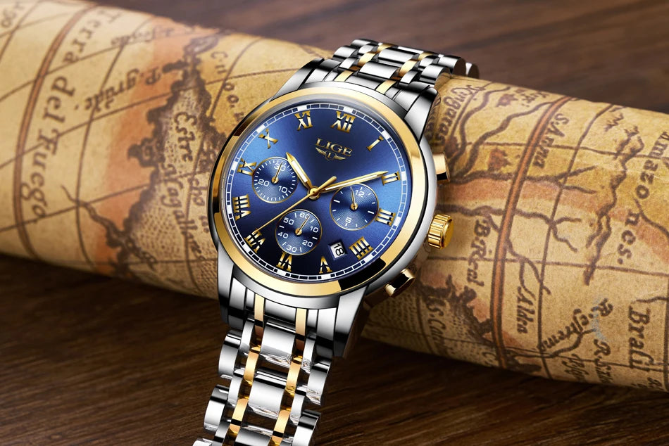 Pánske hodinky LIGE – luxusný chronograf, ležérny športový štýl, vodotesné, celokovové, quartzový strojček