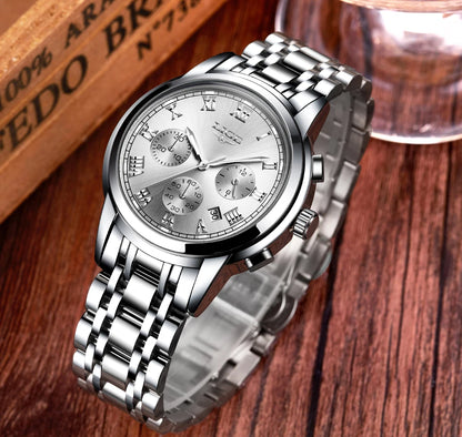 Pánske hodinky LIGE – luxusný chronograf, ležérny športový štýl, vodotesné, celokovové, quartzový strojček