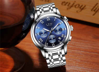 Pánske hodinky LIGE – luxusný chronograf, ležérny športový štýl, vodotesné, celokovové, quartzový strojček