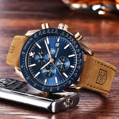 Montres de luxe pour hommes BENYAR – Montres-bracelets à quartz avec bracelet en cuir, étanches jusqu'à 30 m, style sportif.