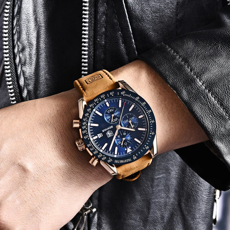 Montres de luxe pour hommes BENYAR – Montres-bracelets à quartz avec bracelet en cuir, étanches jusqu'à 30 m, style sportif.