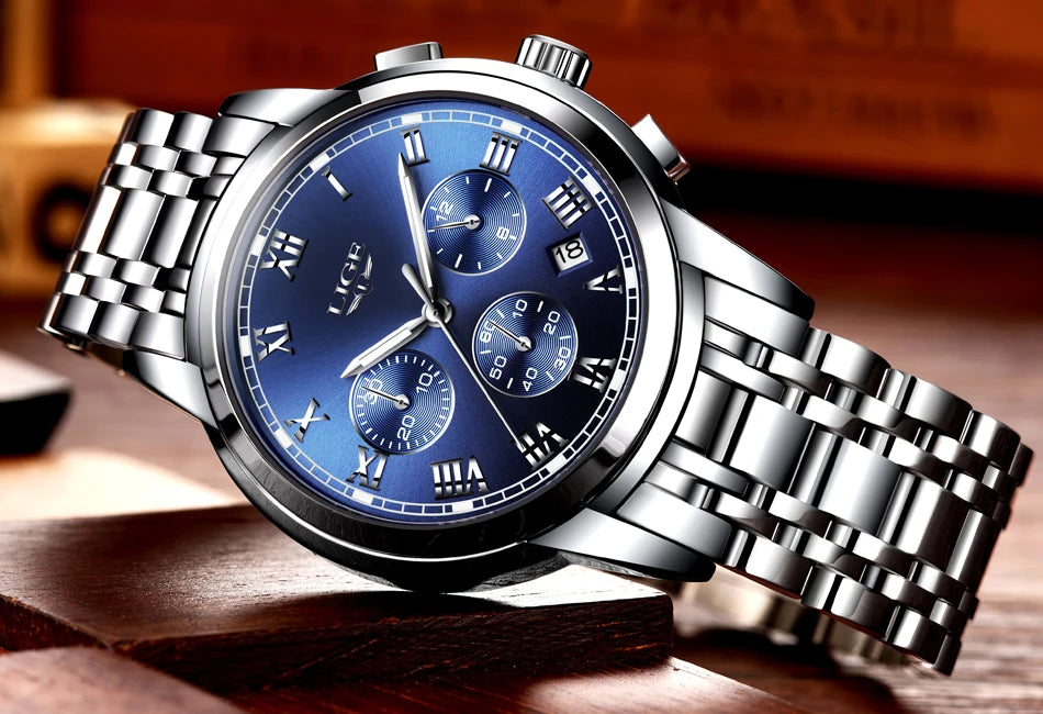 Pánske hodinky LIGE – luxusný chronograf, ležérny športový štýl, vodotesné, celokovové, quartzový strojček