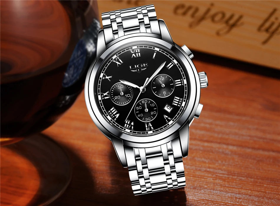 Pánske hodinky LIGE – luxusný chronograf, ležérny športový štýl, vodotesné, celokovové, quartzový strojček
