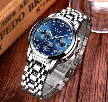Pánske hodinky LIGE – luxusný chronograf, ležérny športový štýl, vodotesné, celokovové, quartzový strojček