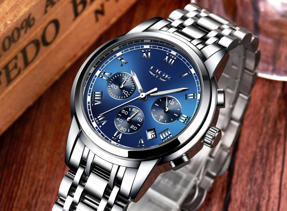 Pánske hodinky LIGE – luxusný chronograf, ležérny športový štýl, vodotesné, celokovové, quartzový strojček