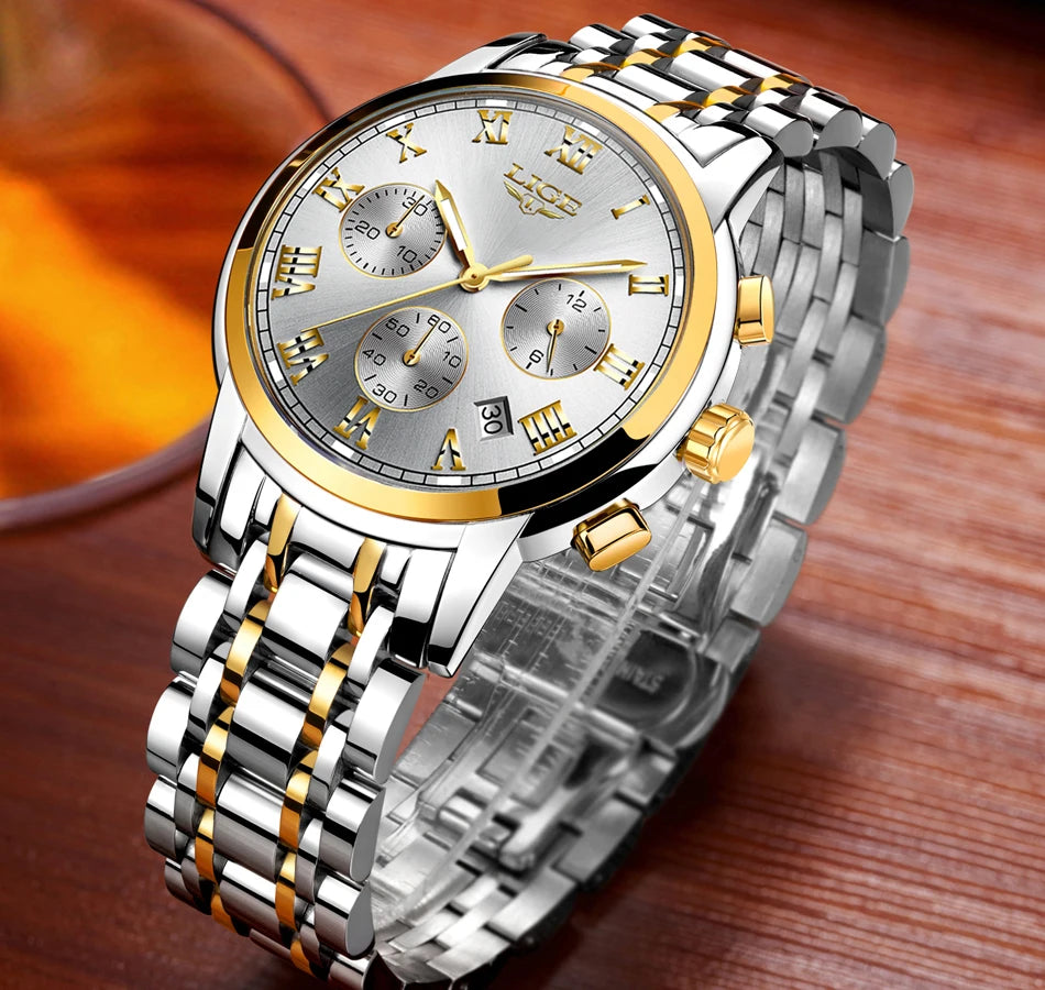 Pánske hodinky LIGE – luxusný chronograf, ležérny športový štýl, vodotesné, celokovové, quartzový strojček