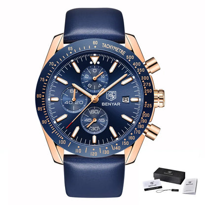 Montres de luxe pour hommes BENYAR – Montres-bracelets à quartz avec bracelet en cuir, étanches jusqu'à 30 m, style sportif.