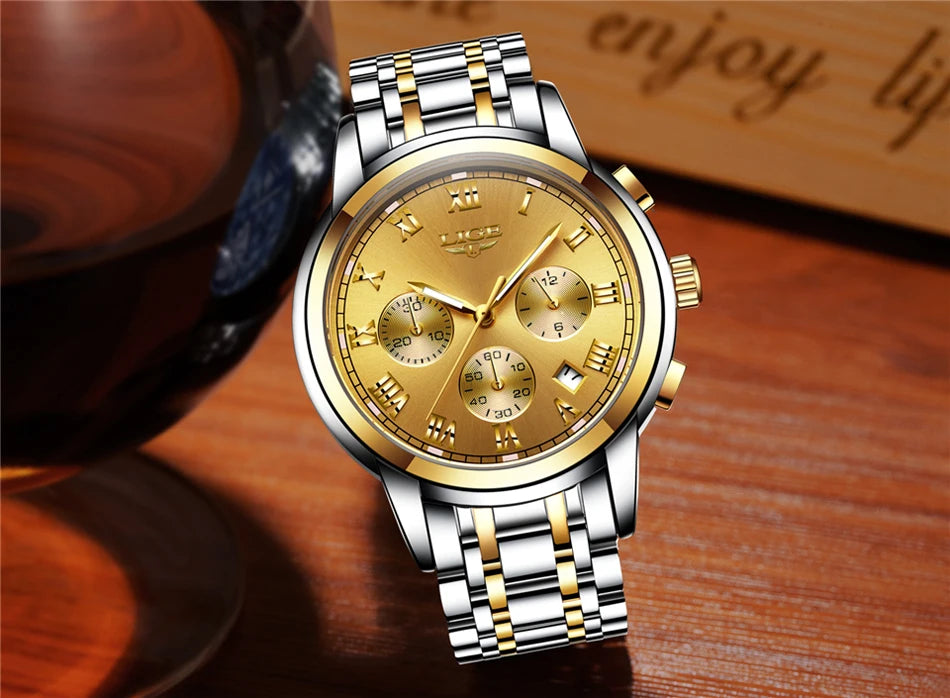 Pánske hodinky LIGE – luxusný chronograf, ležérny športový štýl, vodotesné, celokovové, quartzový strojček