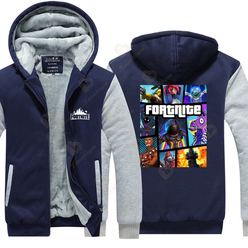 Hanorace luminescente „Winter Warm Fortnite” pentru bărbați și femei, hanorace de joc și cosplay, din fleece gros, cu fermoar, jachete și paltoane pentru cupluri