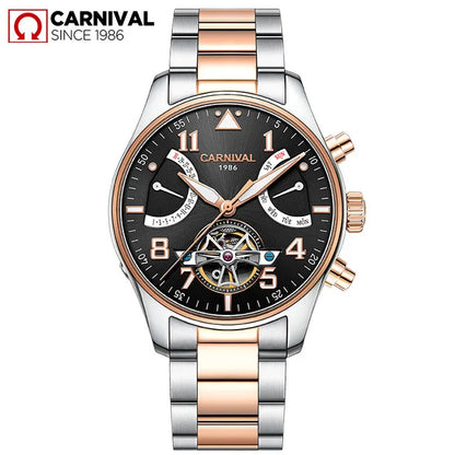CARNIVAL Fashion Tourbillon Mechanical Watches for Man Automatic Watch Sapphire Waterproof Calendar Luminous Relogio Masculino