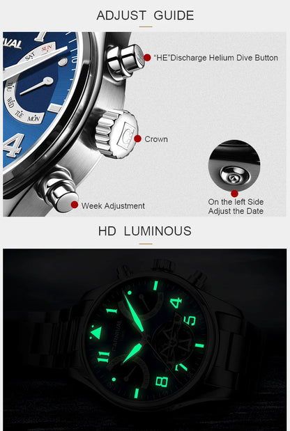 CARNIVAL Fashion Tourbillon Mechanical Watches for Man Automatic Watch Sapphire Waterproof Calendar Luminous Relogio Masculino
