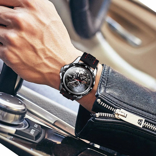 Relógio automático para homem WINNER – Modelo mecânico esqueletizado, ponteiros luminescentes, bracelete em borracha, estilo desportivo e luxuoso, ideal para atividades ao ar livre