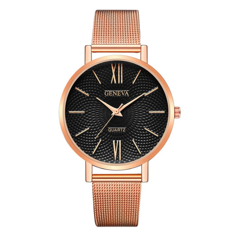2021 New Geneva Watch Women Black Watches Stainless Steel Mesh Band Quartz Wristwatches Casual Ladies Watches Cheap Price