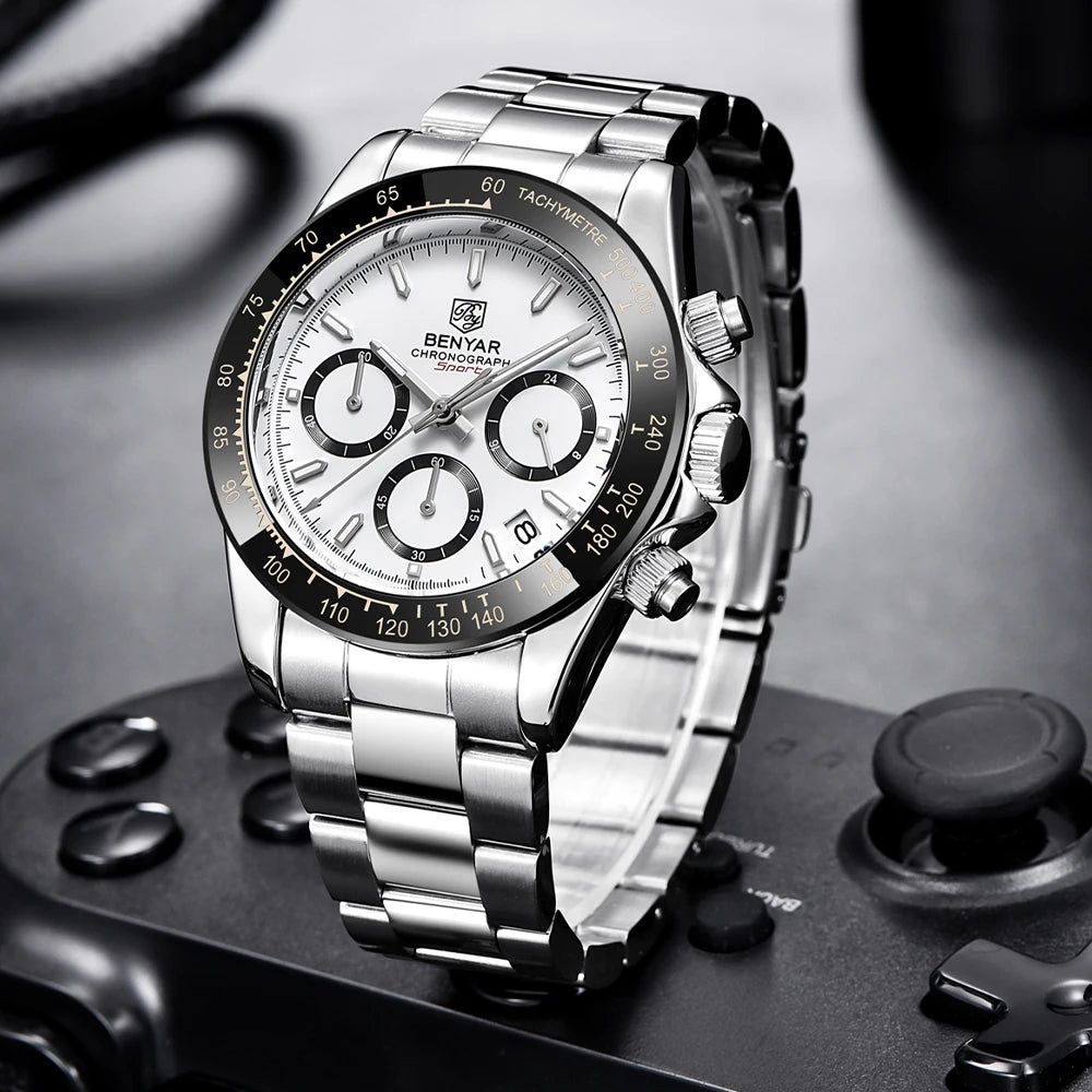 „BENYAR“ vyriški laikrodžiai – prabangus chronografas, sportinis modelis, atsparus vandeniui, pagamintas iš nerūdijančio plieno, su kvarciniu mechanizmu