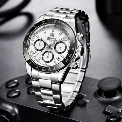 „BENYAR“ vyriški laikrodžiai – prabangus chronografas, sportinis modelis, atsparus vandeniui, pagamintas iš nerūdijančio plieno, su kvarciniu mechanizmu