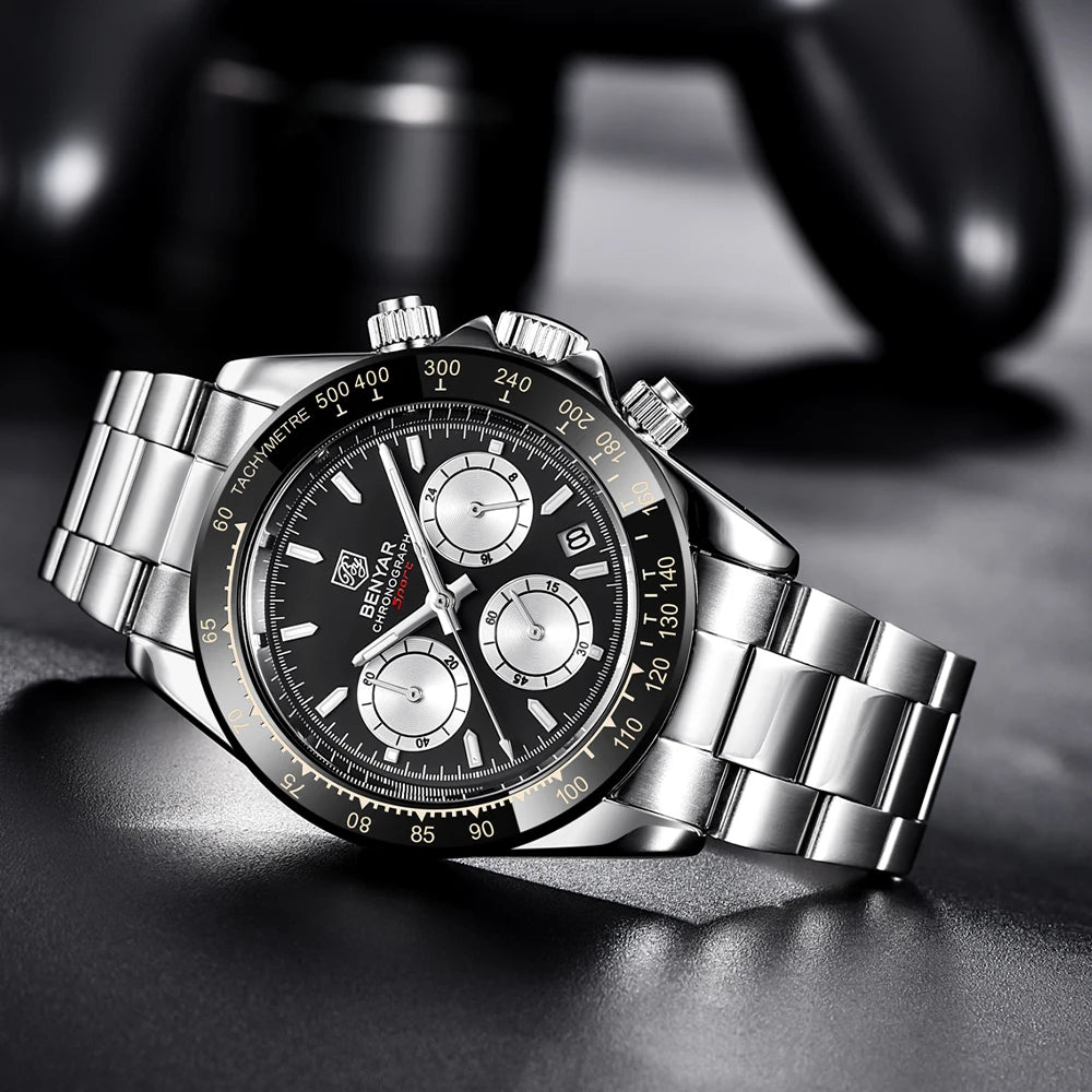 „BENYAR“ vyriški laikrodžiai – prabangus chronografas, sportinis modelis, atsparus vandeniui, pagamintas iš nerūdijančio plieno, su kvarciniu mechanizmu