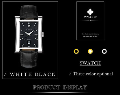 WWOOR Brand Classic Fashion Mens Rectangle Watches Male Gold Brown Leather Quartz Waterproof Wrist Watch For Men Calendar Clocks