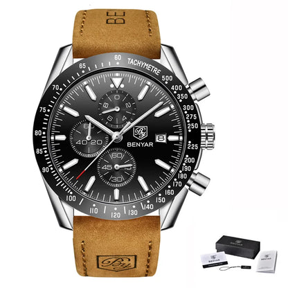 Montres de luxe pour hommes BENYAR – Montres-bracelets à quartz avec bracelet en cuir, étanches jusqu'à 30 m, style sportif.